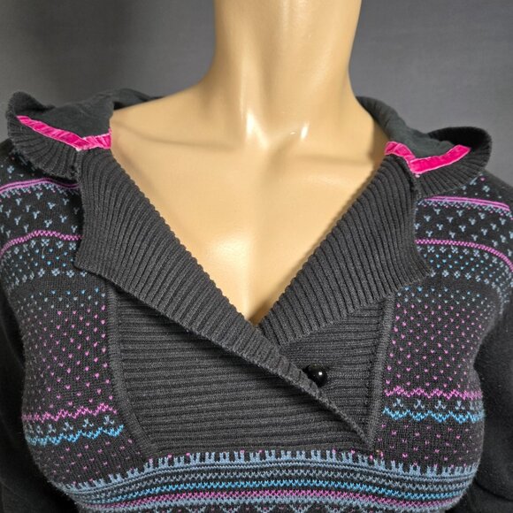 Y2K Hooded Black Fair Isle Skinny Sweater Size S Cotton Emo Indie 2000s - Picture 2 of 10